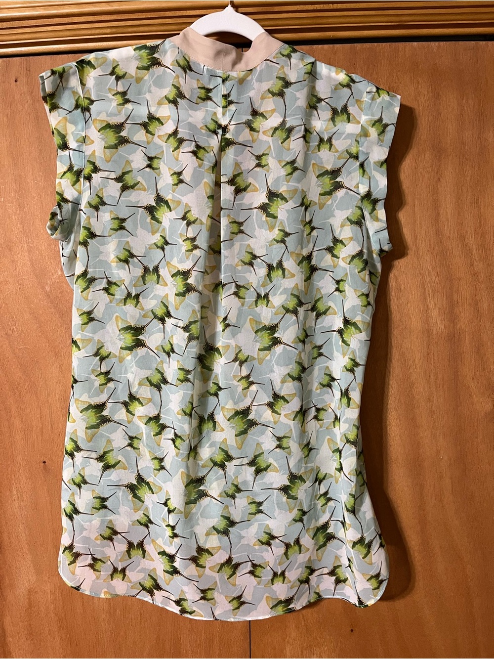 CAbi Butterfly Wrap Blouse in Light Blue, Green and Cream - Picture 2 of 3